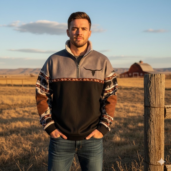 Men’s 3XL Sherpa Collar 1/2 Zip Bull Logo Faux Elbow Patch Pullover Sweater - Picture 2 of 8